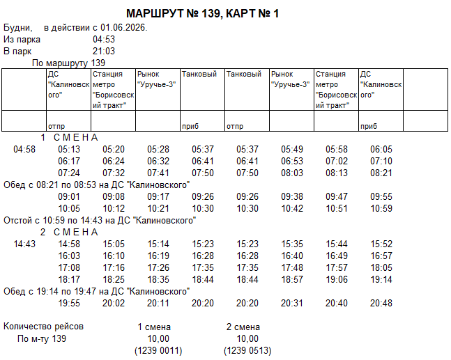 Карточка маршрута 139, будние дни, карточка 1