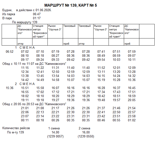 Карточка маршрута 139, будние дни, карточка 5