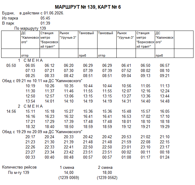 Карточка маршрута 139, будние дни, карточка 6