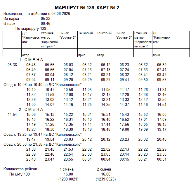 Карточка маршрута 139, выходные дни, карточка 2