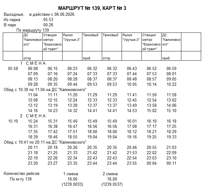 Карточка маршрута 139, выходные дни, карточка 3