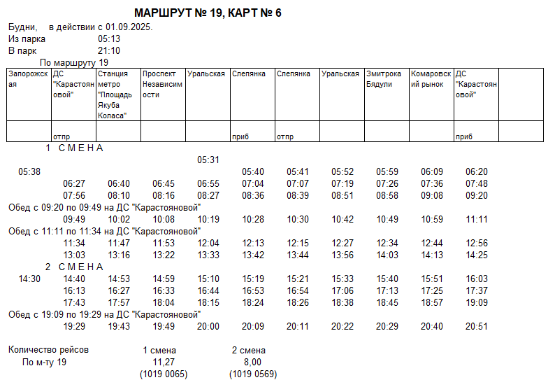 Карточка маршрута 19, будние дни, карточка 6