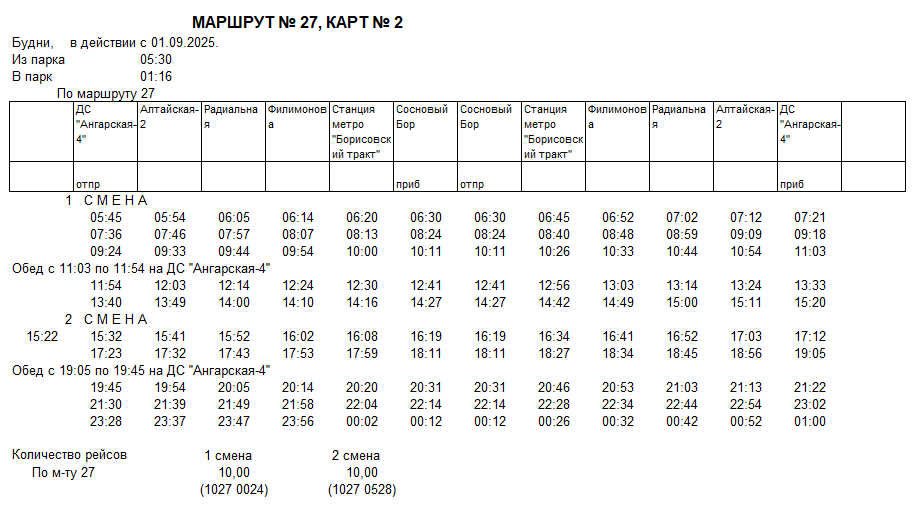 Карточка маршрута 27, будние дни, карточка 2