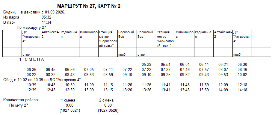 Карточка маршрута 27, будние дни, карточка 2