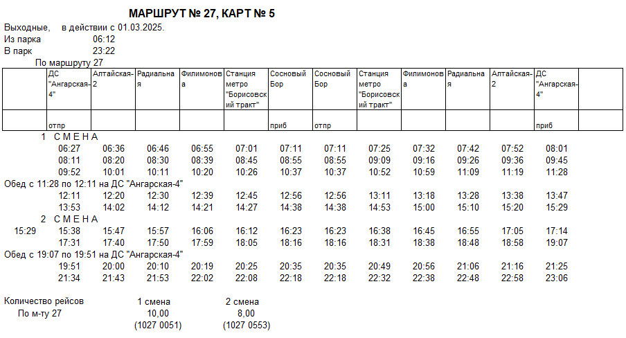 Карточка маршрута 27, выходные дни, карточка 5