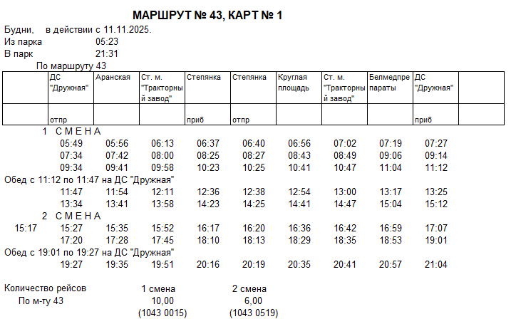 Карточка маршрута 43, будние дни, карточка 1