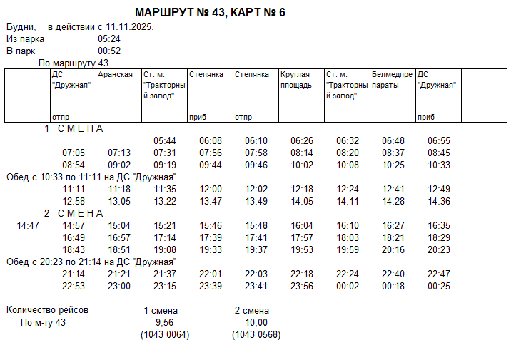 Карточка маршрута 43, будние дни, карточка 6