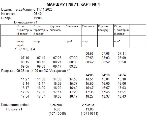 Карточка маршрута 71, будние дни, карточка 4