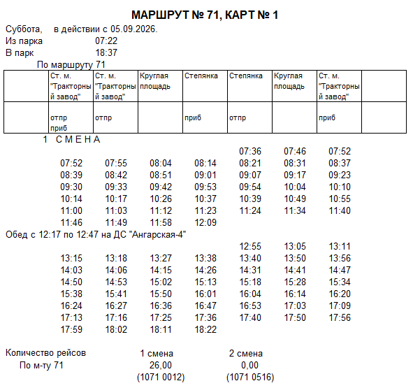 Карточка маршрута 71, суббота, карточка 1