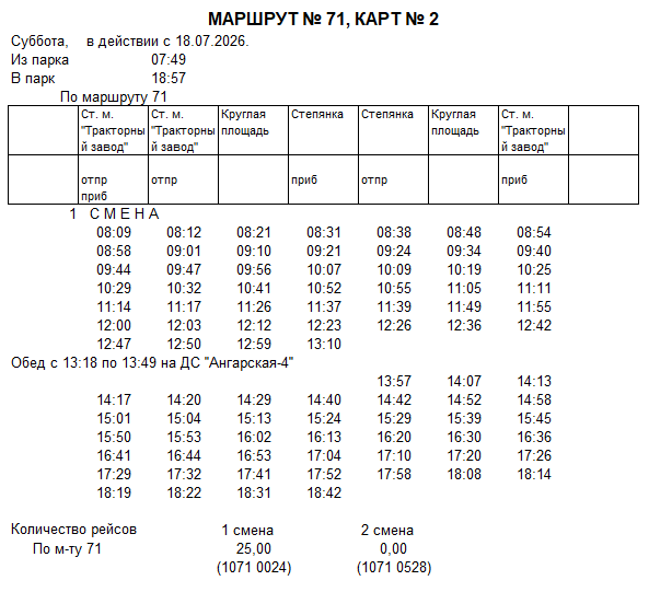 Карточка маршрута 71, суббота, карточка 2