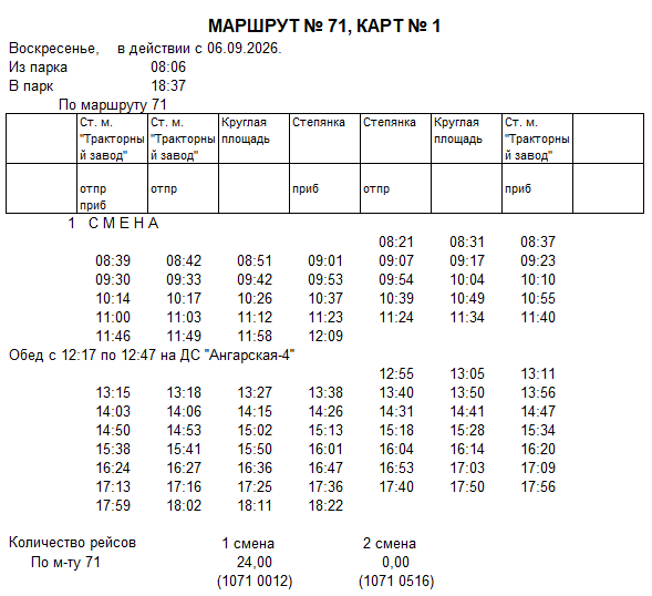 Карточка маршрута 71, воскресенье, карточка 1
