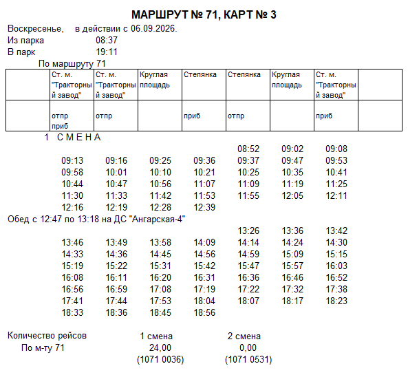 Карточка маршрута 71, воскресенье, карточка 1