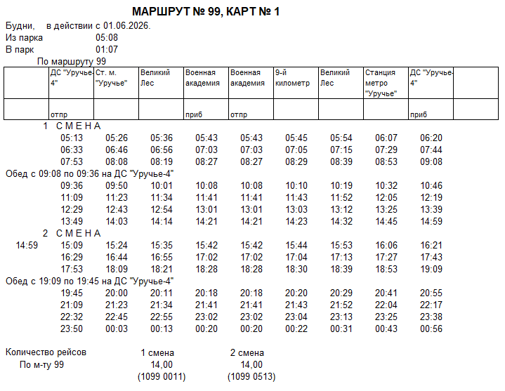 Карточка маршрута 99, будние дни, карточка 1