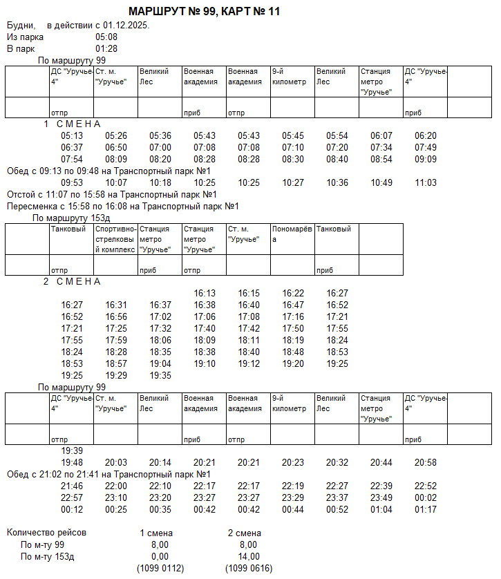 Карточка маршрута 99, будние дни, карточка 11