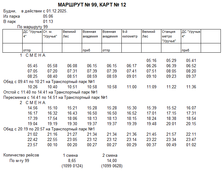 Карточка маршрута 99, будние дни, карточка 12