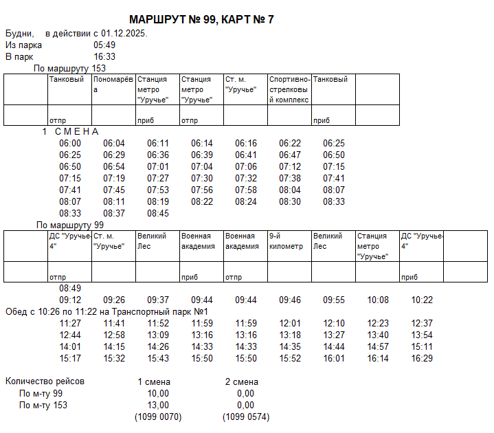 Карточка маршрута 99, будние дни, карточка 7