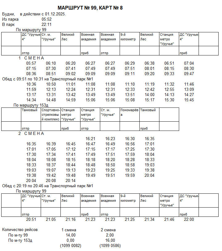 Карточка маршрута 99, будние дни, карточка 8