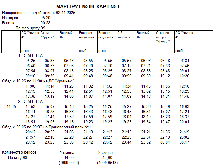 Карточка маршрута 99, воскресенье, карточка 1