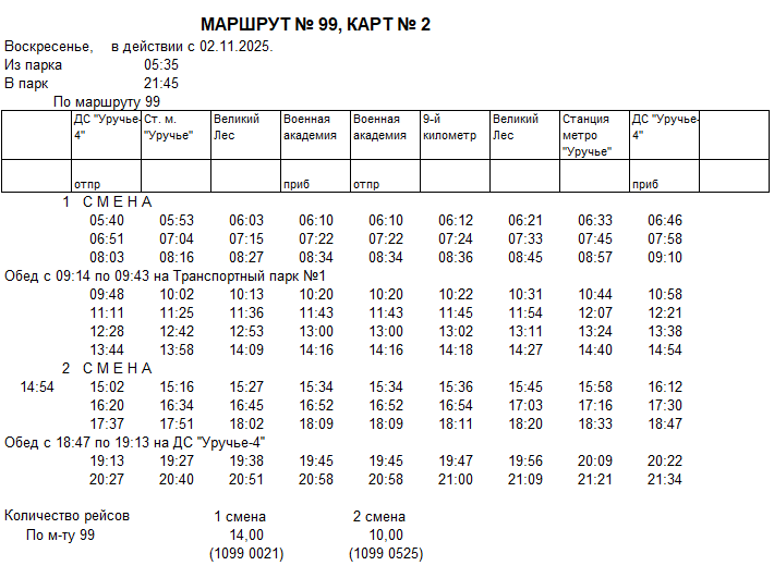 Карточка маршрута 99, воскресенье, карточка 2
