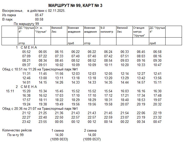 Карточка маршрута 99, воскресенье, карточка 3
